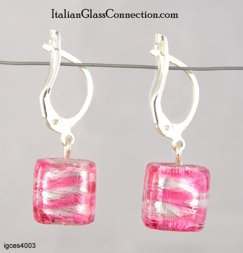 Single Square Bead Earrings w/ Silver Leverback For Pierced Ears - Click Image to Close