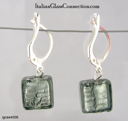 Single Square Bead Earrings w/ Silver Leverback For Pierced Ears - Click Image to Close