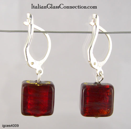Single Square Bead Earrings w/ Silver Leverback For Pierced Ears - Click Image to Close