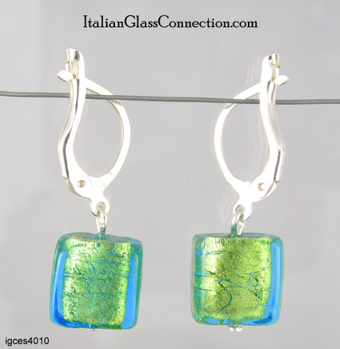 Single Square Bead Earrings w/ Silver Leverback For Pierced Ears - Click Image to Close