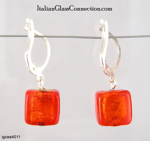 Single Square Bead Earrings w/ Silver Leverback For Pierced Ears - Click Image to Close